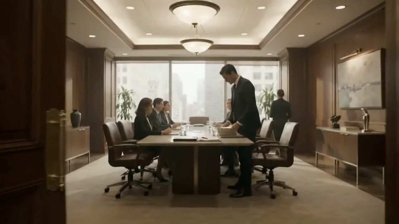 A meeting room with a long table, colleagues seated and city views through tall windows